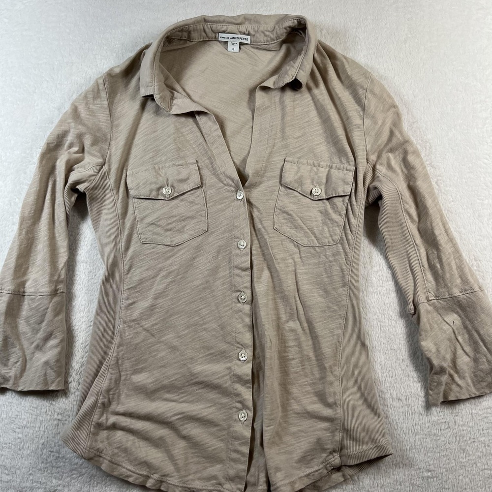 James Perse Shirt Womens 3 Beige 100% Cotton Button Front 3/4 Sleeve Top